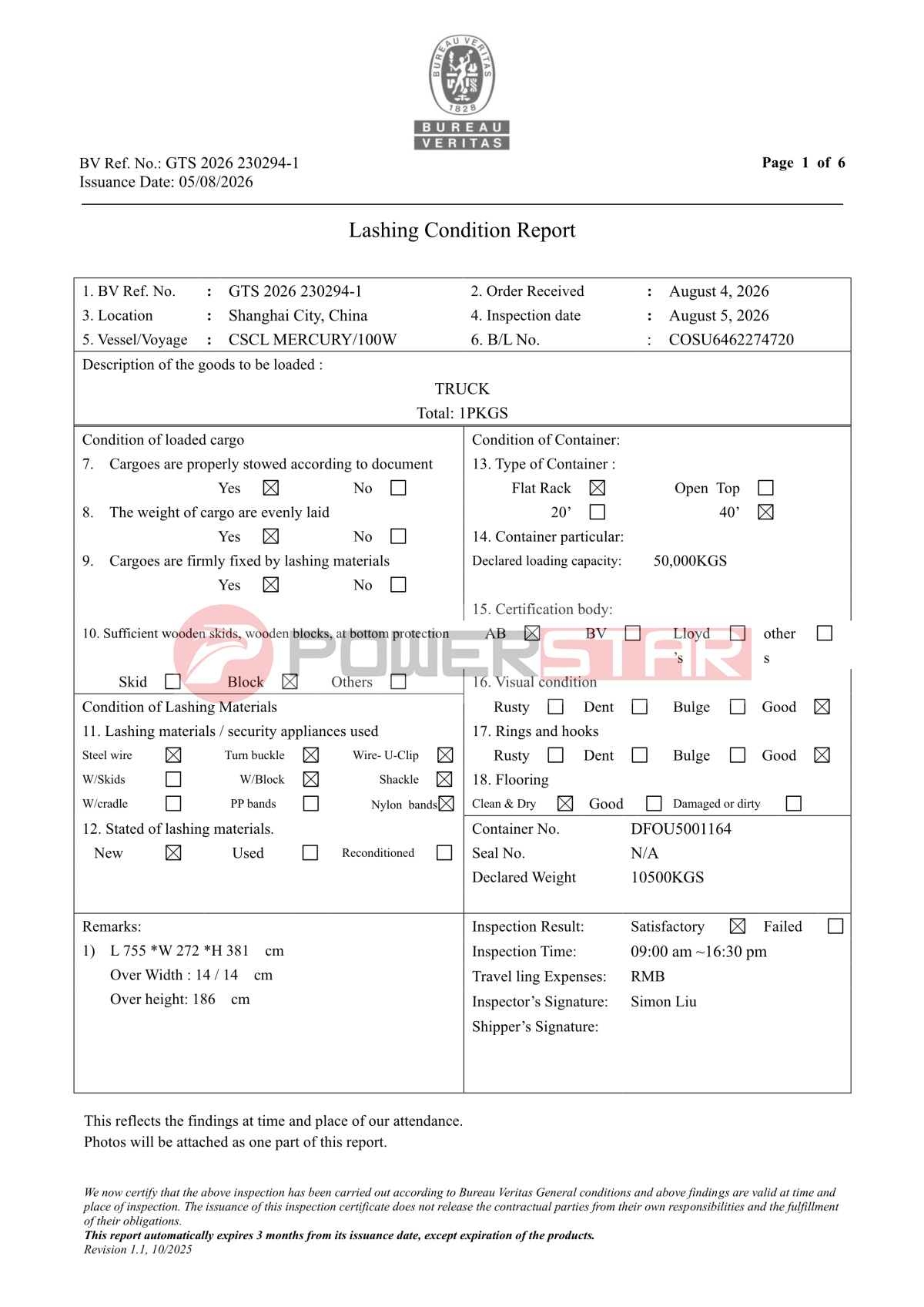 ISUZU Fire fighting vehilce BV Lashing certificate